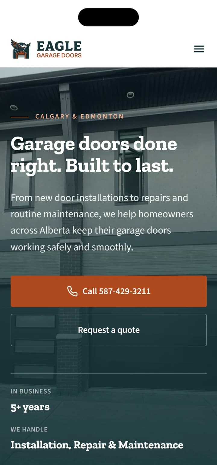 Eagle Garage Doors's new website on a phone